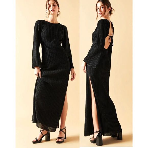 Audrey Parks & Francesca’s Alana Black Pleated Maxi Dress Size Small Open back - Picture 1 of 12